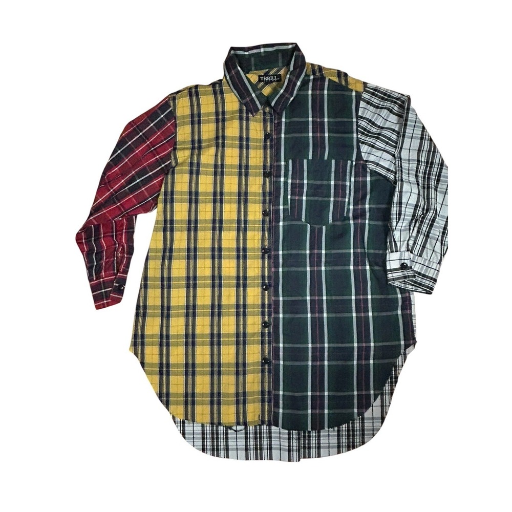 Thrill Jeans Multicolor Plaid Patchwork Button Down Shirt Raw Hem SZ 3X